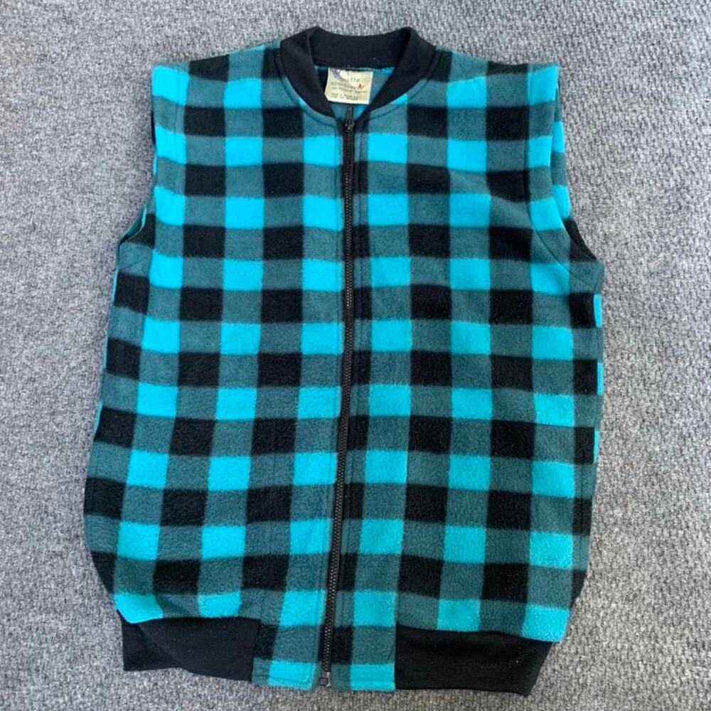 Vintage 1980s Teal Blue Plaid Fleece Vest Large Outdoors Gorpcore